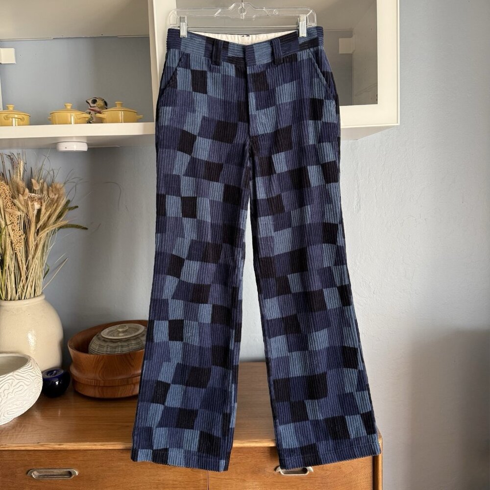 Stussy Wobbly Checkered Corduroy Wide Leg Trouser Pants Blue Sz 5
